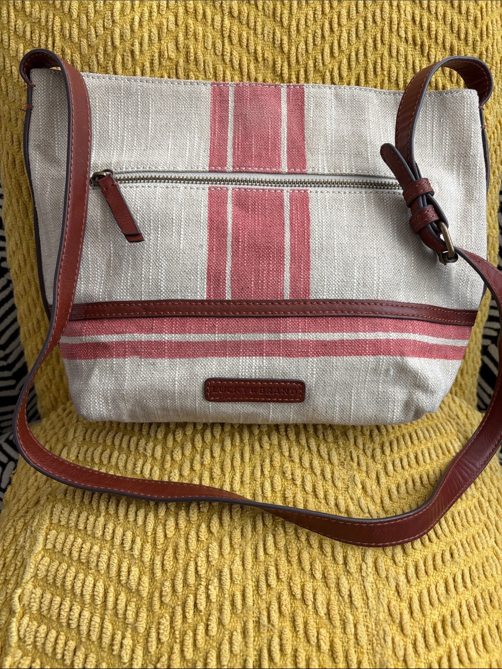 Lucky Brand Canvas Crossbody with Red Stripe and Brown Leather Trim